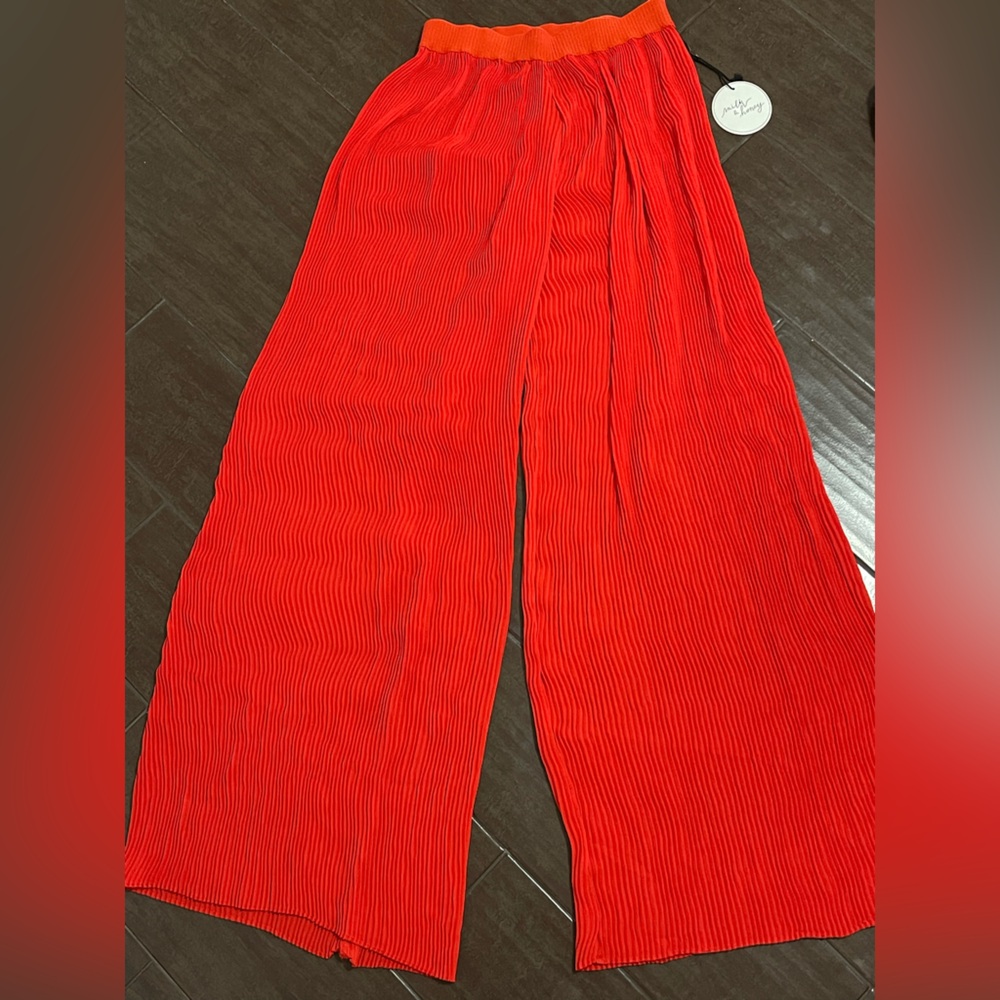 Vibrant Red and Orange Pleated Wide Leg Pants